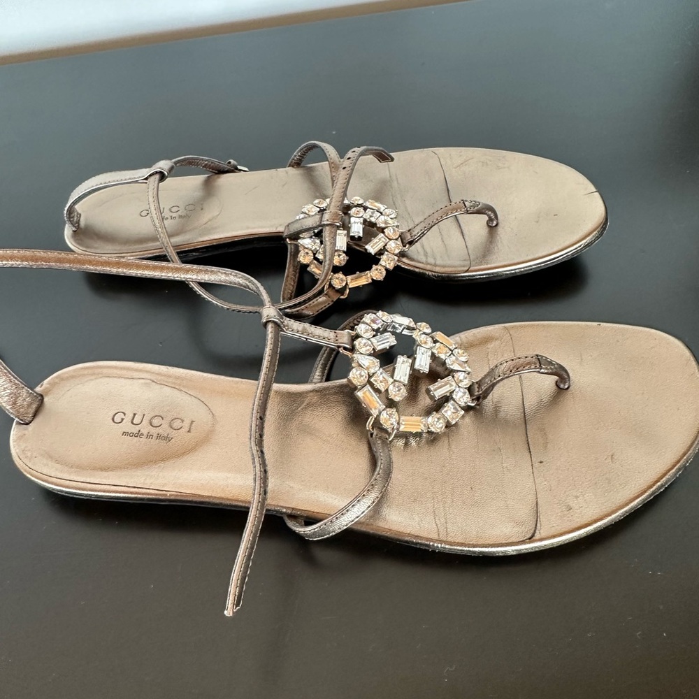 Gucci metallic pewter Interlocking GG crystal sandal